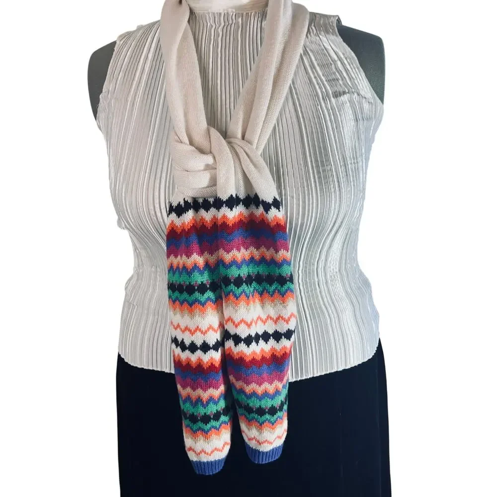 Talbots Multicolor Zigzag Knit Scarf Lambswool Blend Cozy Cabincore Winter Wrap